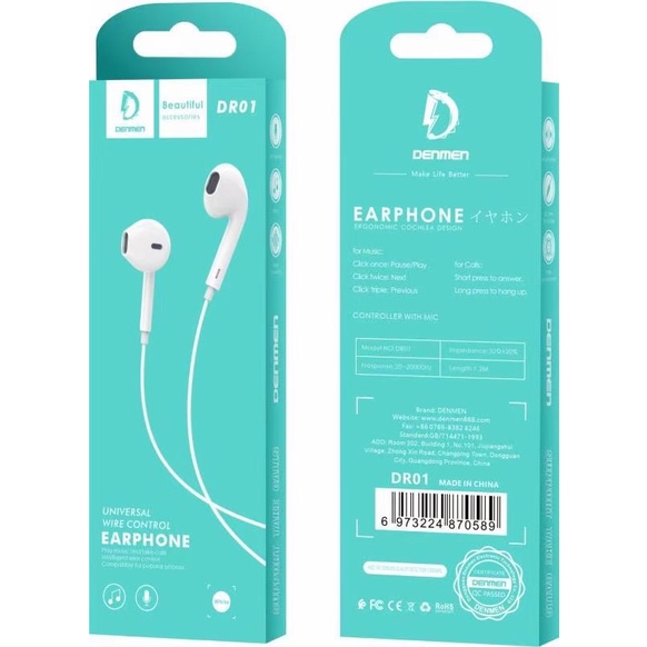 DENMEN DR01 UNIVERSAL WIRE CONTROL EARPHONE-WHITE